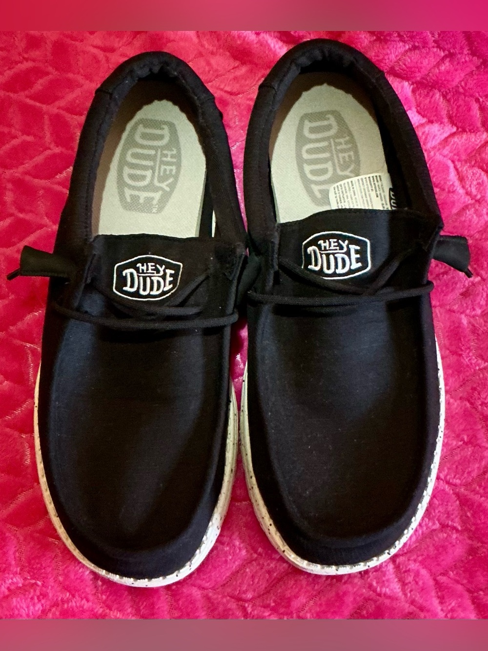 Hey Dude Black Canvas Slip-Ons with White Speckled Sole
